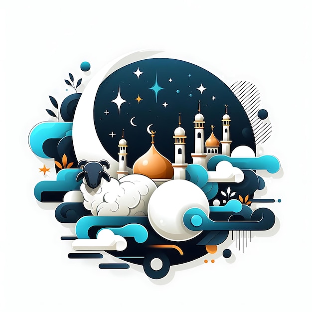 이드 알 아다 터 (Eid al Adha vector) - 모스크와 파란 하늘의 다채로운 일러스트레이션