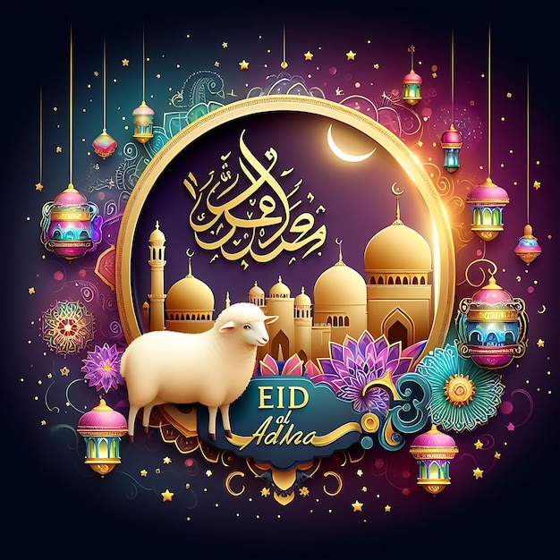 Photo vector eid al adha a colorful illustration of a mosque with a sheep on the top