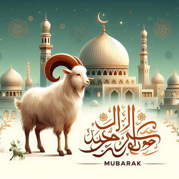 vector eid al adha een schaap met horens staat voor een moskee