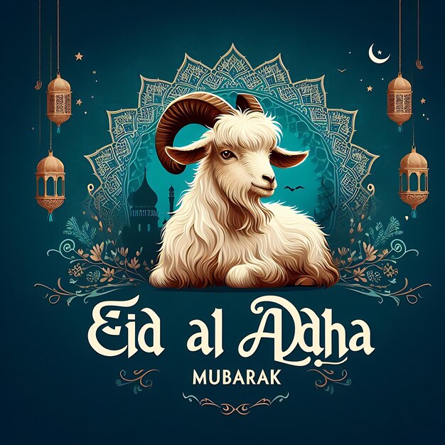 vector eid al adha a goat with horns sits on a blue background