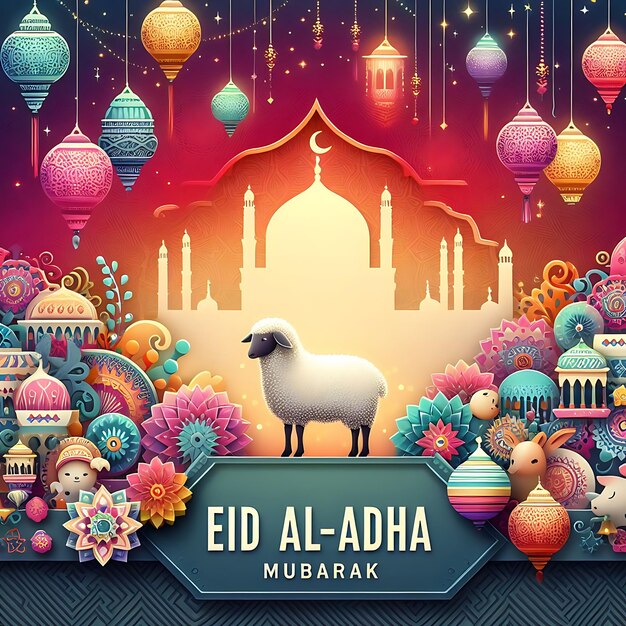 Photo vector eid al adha a poster with a sheep and a mosque on it