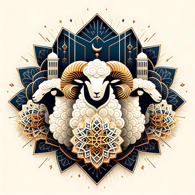 vector eid al adha a sheep with horns and a blue background with a moon in the middle