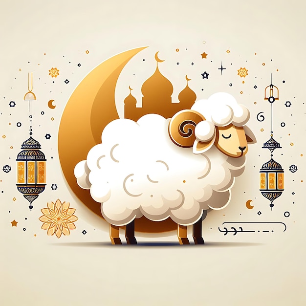Вектор eid al adha овца с луной и мечетью на вершине