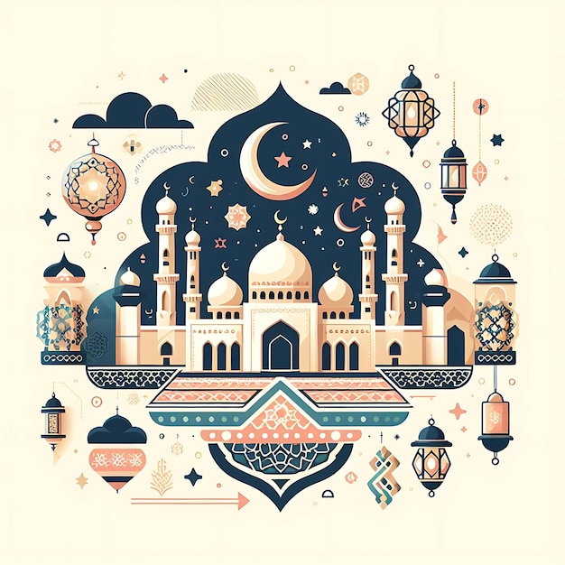 Вектор eid al fitr красочная иллюстрация мечети с луной и мечетью на вершине