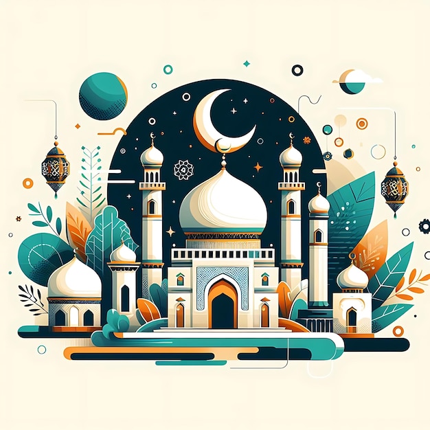 vector eid al fitr a drawing of a mosque with a moon and stars on it