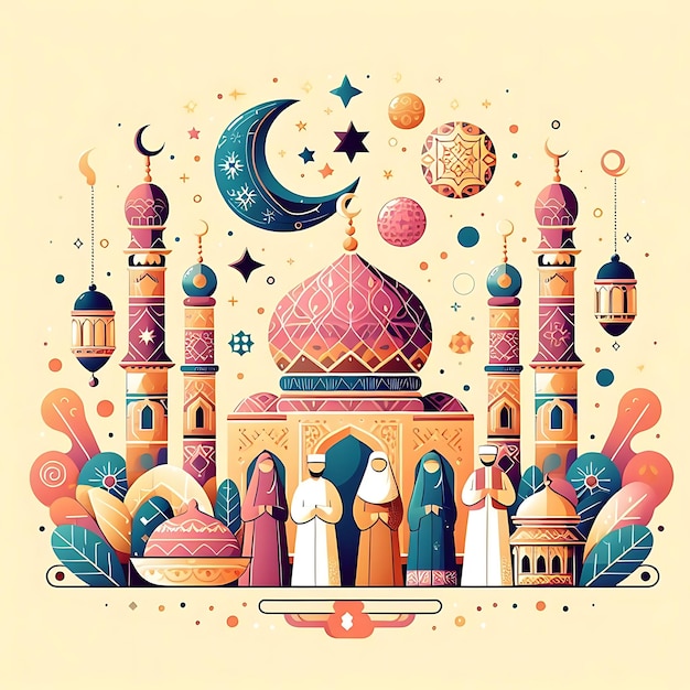 이드 알 피트르 (Eid al-Fitr) - 모스크와 모스크의 그림을 가진 모스크의 일러스트레이션