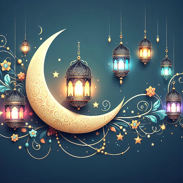 vector elegant ramadan kareem decorative moon and lanterns greeting