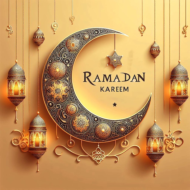 vector elegant ramadan kareem decorative moon and lanterns greeting