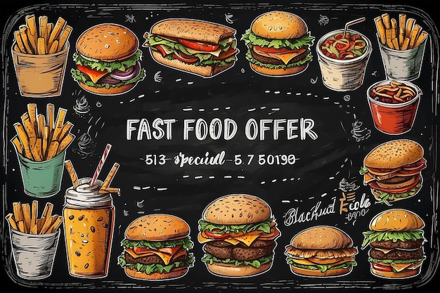 Vector fast food special offer on blackboard Hand drawn junk food frame illustration