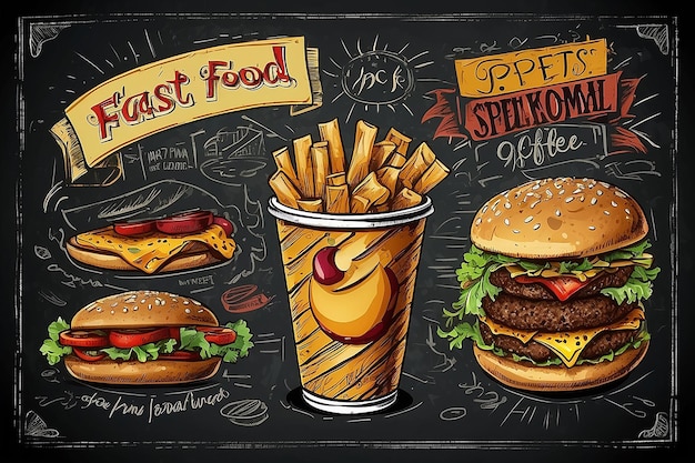 Vector fast food special offer on blackboard Hand drawn junk food frame illustration