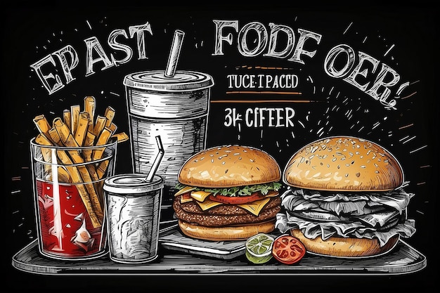 Vector fast food special offer on blackboard Hand drawn junk food frame illustration