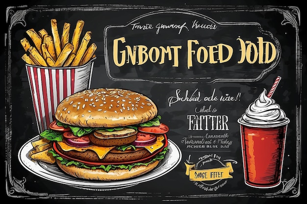 Photo vector fast food special offer on blackboard hand drawn junk food frame illustration