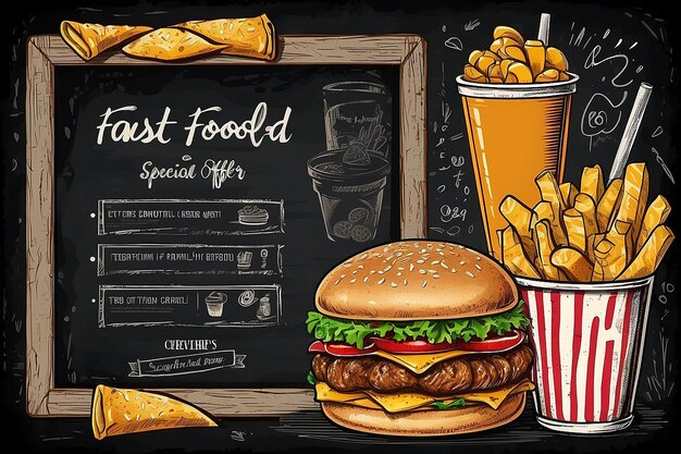 Специальное предложение векторного фаст-фуда на доске. Иллюстрация рамы для нездоровой еды, нарисованная вручную.