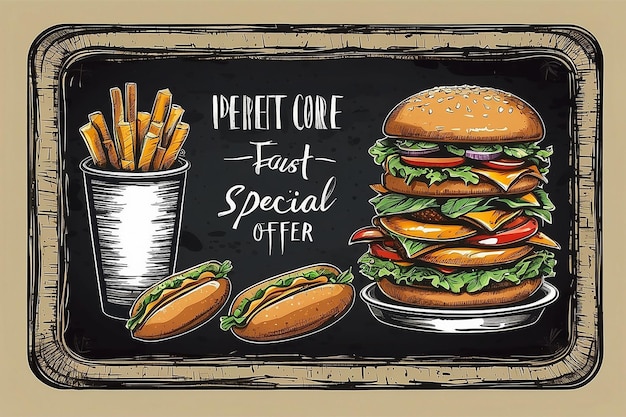 Vector fastfood speciale aanbieding op blackboard Hand getekend junk food frame illustratie