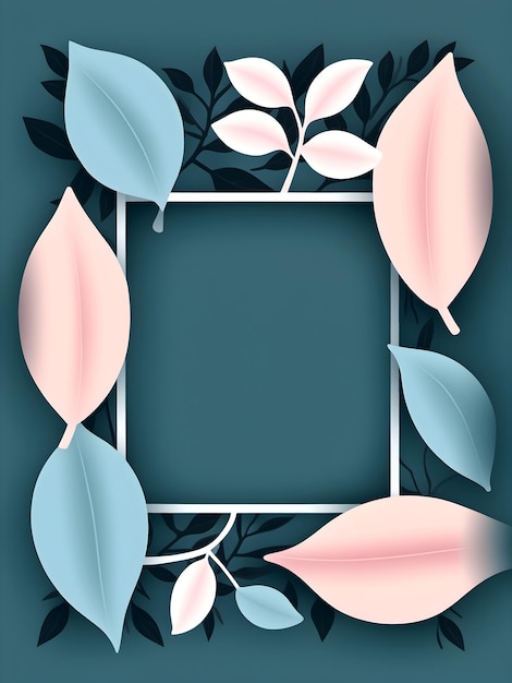 Vector flat design background with a square frame and leaves in pastel blue and pink colors