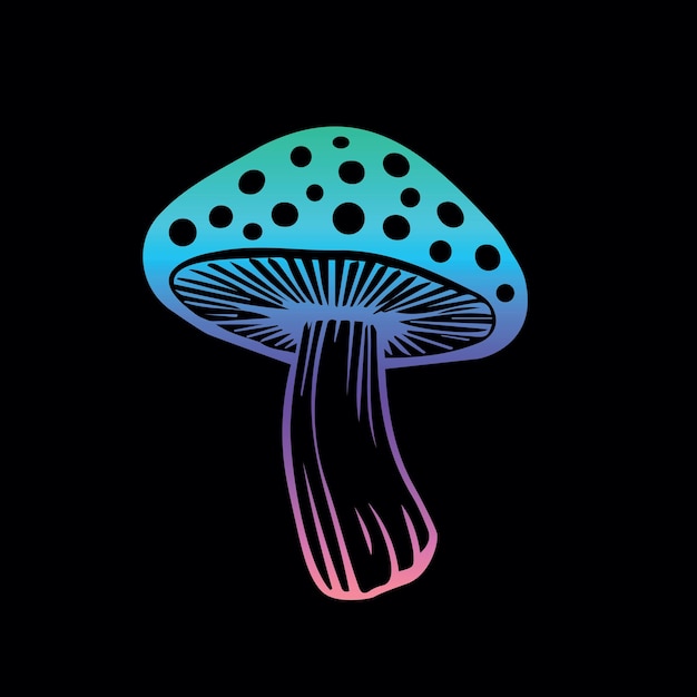 Vector flat fly agaric mushroom icon isolated on black background amanita psychedelic colors