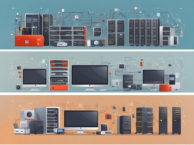 Vector flat horizontal banners of data storage antivirus and hardware for website Business concept