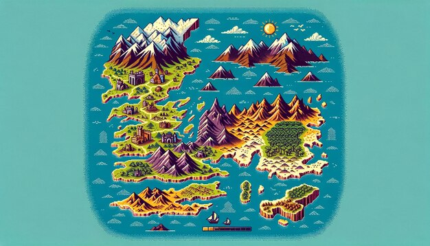 Vector flat illustration in a 16bit color style a map with legendary houses and mountains