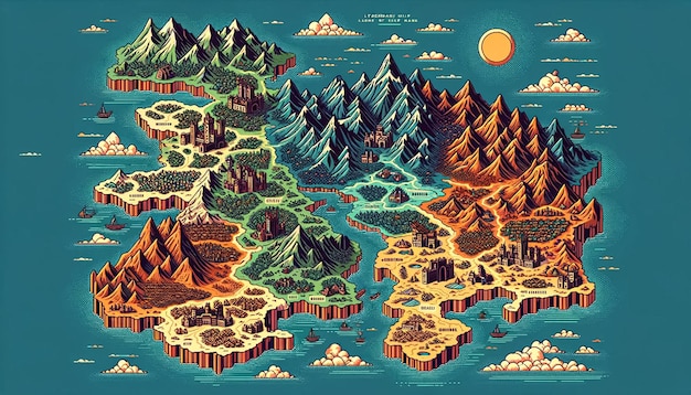 Vector flat illustration in a 16bit color style a map with legendary houses and mountains