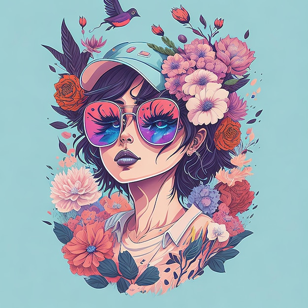 vector floral illustration of girl with glasses