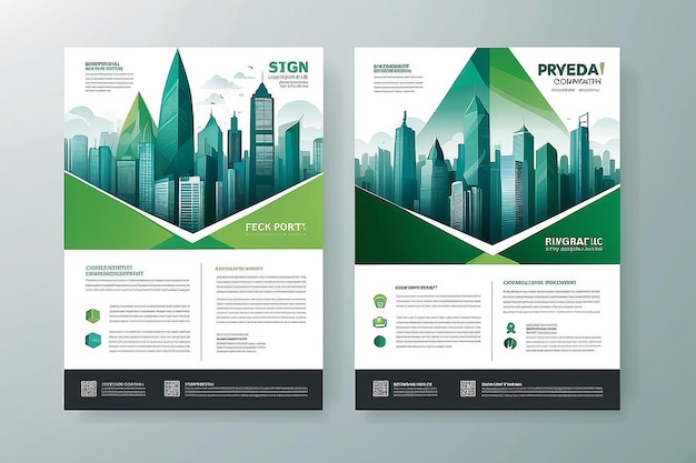 사진 터 플라이어 기업 비즈니스 연간 보고서 브로셔 디자인 및 커버 프레젠테이션 녹색 삼각형과 도시