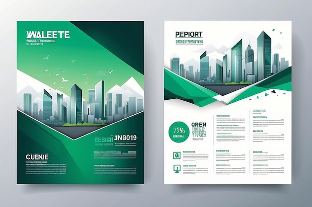 Vector flyer corporate business annual report brochure design and cover presentation with green triangle and city