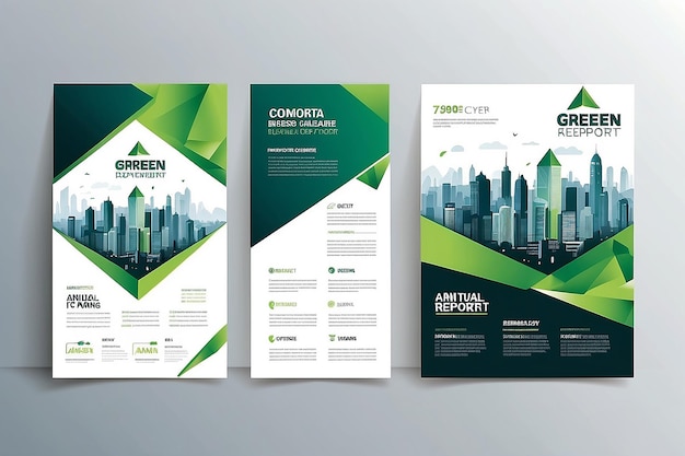 Photo vector flyer corporate business annual report brochure design and cover presentation with green triangle and city