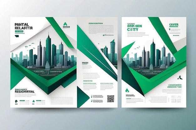 Vector flyer corporate business annual report brochure design and cover presentation with green triangle and city