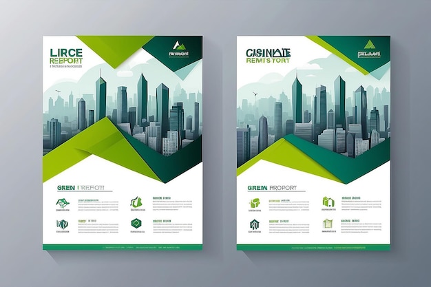 Vector flyer corporate business annual report brochure design and cover presentation with green triangle and city