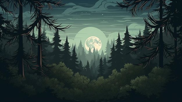 vector forest background with moon drawn by hand