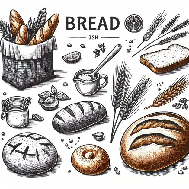 Photo vector fresh bread handdrawn set illustration