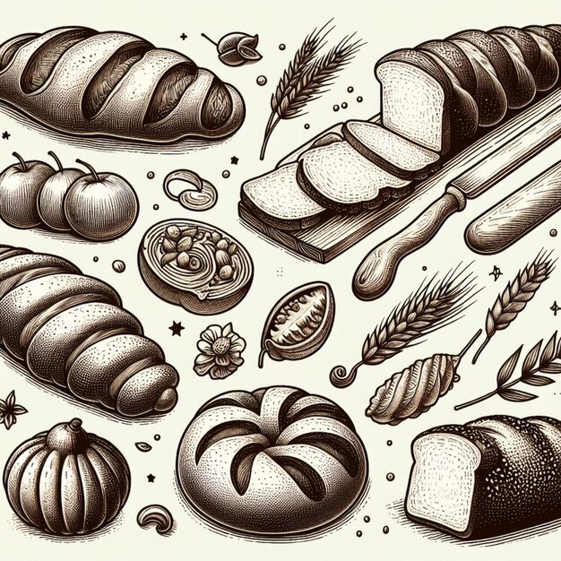 Photo vector fresh bread handdrawn set illustration