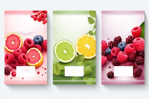 Photo vector fruit and berry mix horizontal banner on white design for juice tea ice cream natural cos