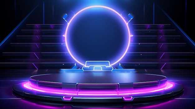 vector futuristic stage with neon light frame and podium