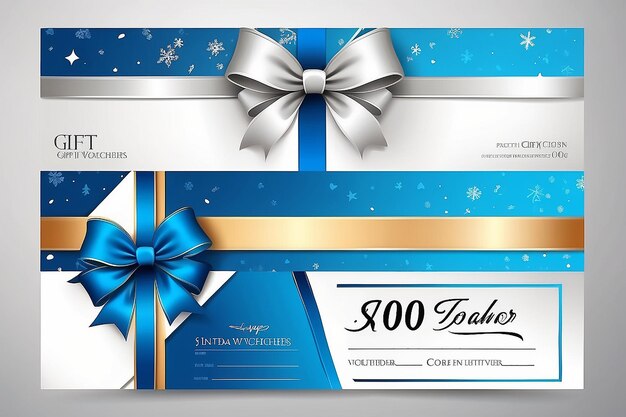 Векторные подарочные ваучеры с лучевыми лентами на белом и синем фоне Креативные праздничные карты или баннеры