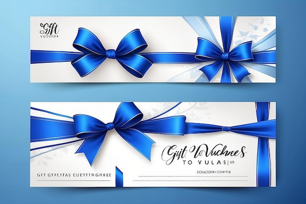 Vector gift vouchers with bow ribbons white and blue backgrounds Creative holiday cards or banners