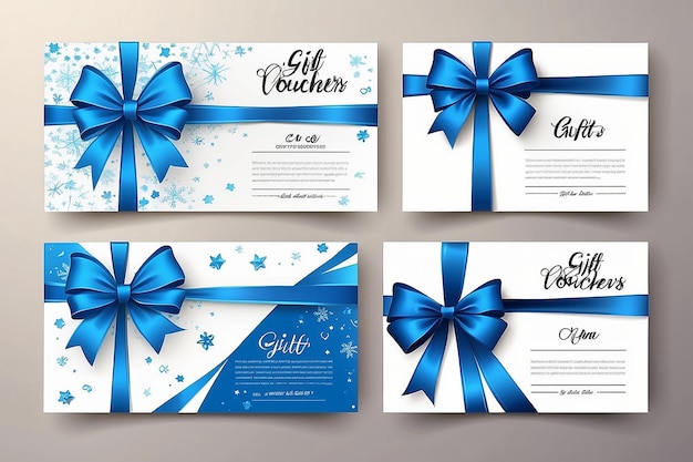 Vector gift vouchers with bow ribbons white and blue backgrounds Creative holiday cards or banners