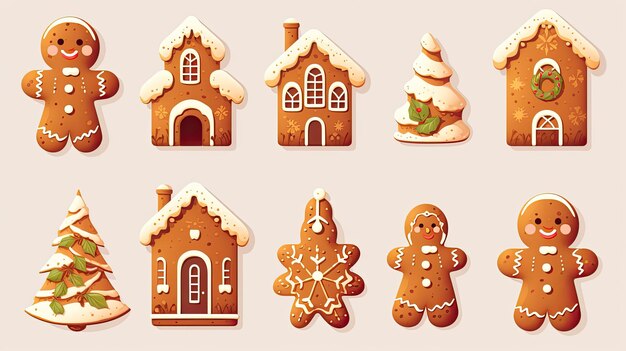 Photo vector gingerbread cookies in various shapes from snowmen to holiday wreaths