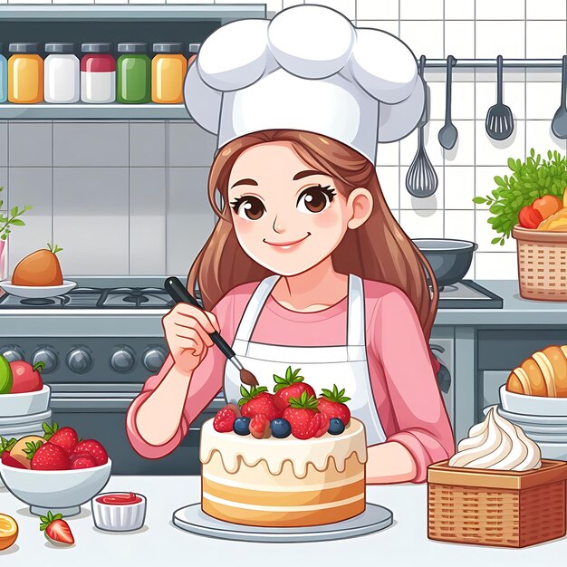 Photo vector a girl in a chef hat is cooking in a kitchen with a cake and strawberries
