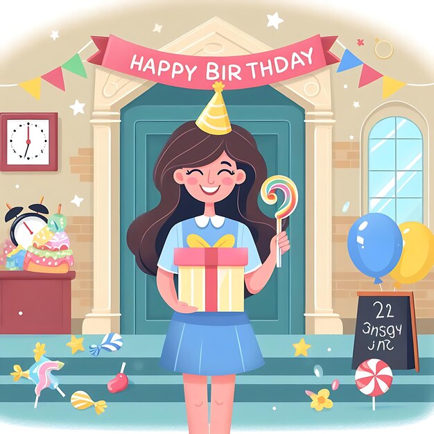 vector a girl holding a box with the words happy birthday on it