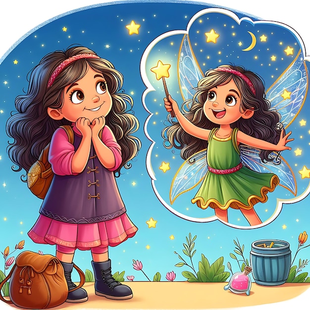 vector a girl with a bag of fairy and a lantern