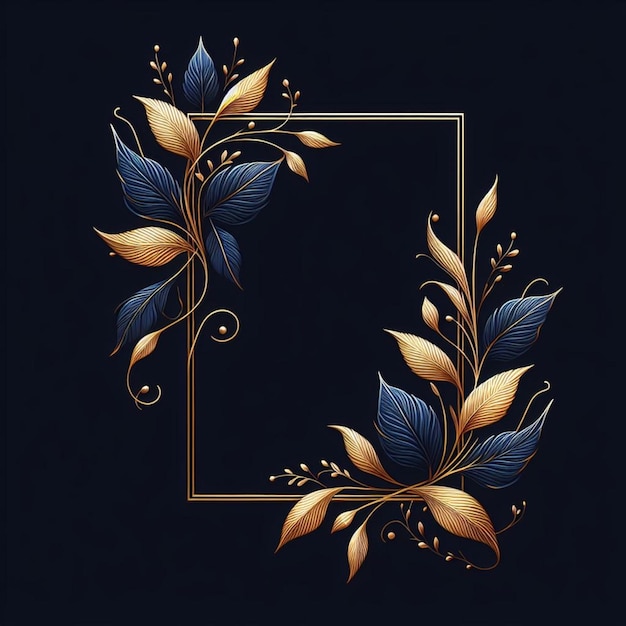 vector gold thin rectangular frame with blue leaves