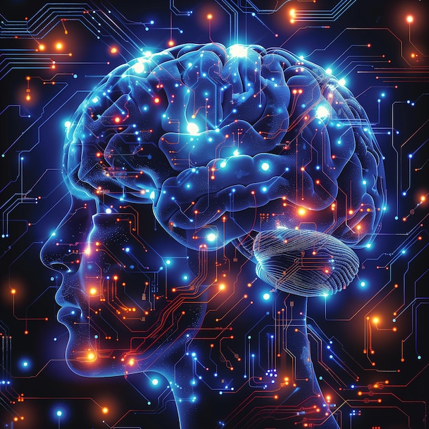 vector graphic of the human brain surrounded circuit board patterns