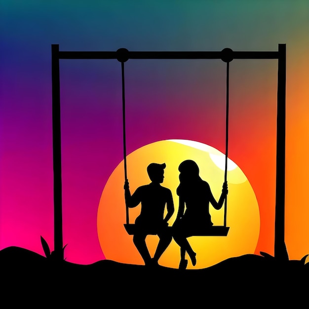 vector graphic of a man and woman sitting on a swing against a vibrant sunset backdrop