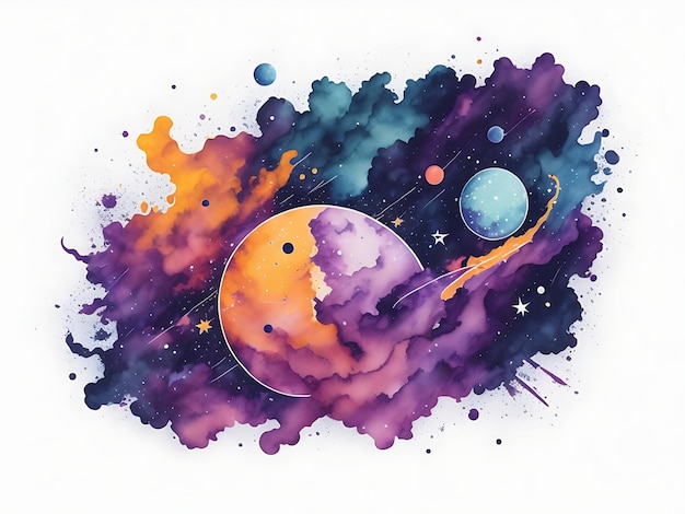 A Vector Graphic Odyssey of a Watercolor Galaxy Infused with Planets Stars and Nebulae