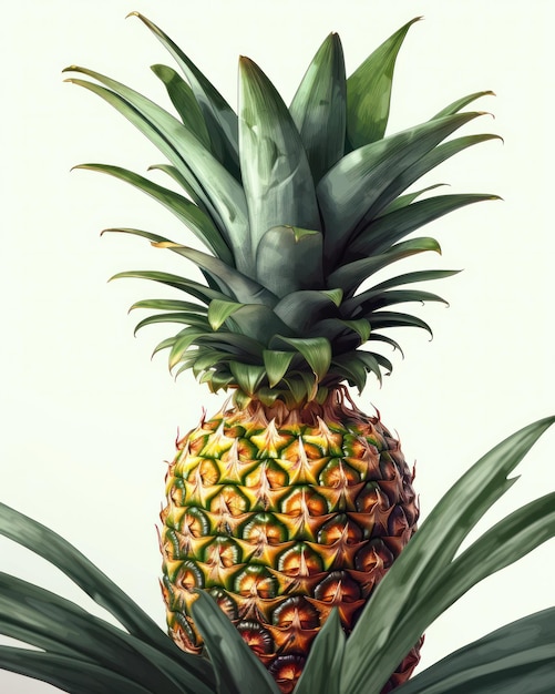 A vector graphic of a pineapple on a white background with a few tropical leaves created with Generative AI technology