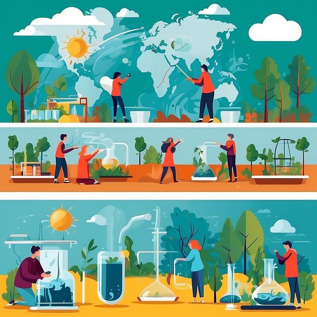 a vector graphic of students conducting experiments related to climate change and environmental impact vector illustration in flat style