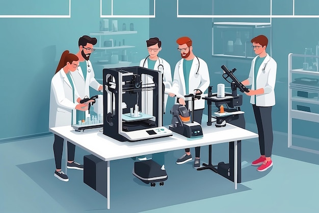 a vector graphic of students using 3D printers to create models for medical prosthetics vector illustration in flat style