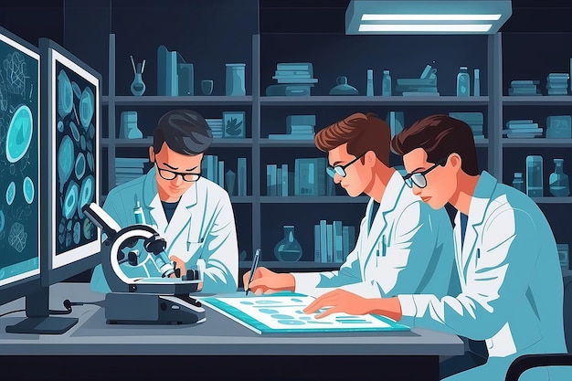 a vector graphic of students using advanced imaging techniques for detailed cellular studies vector illustration in flat style