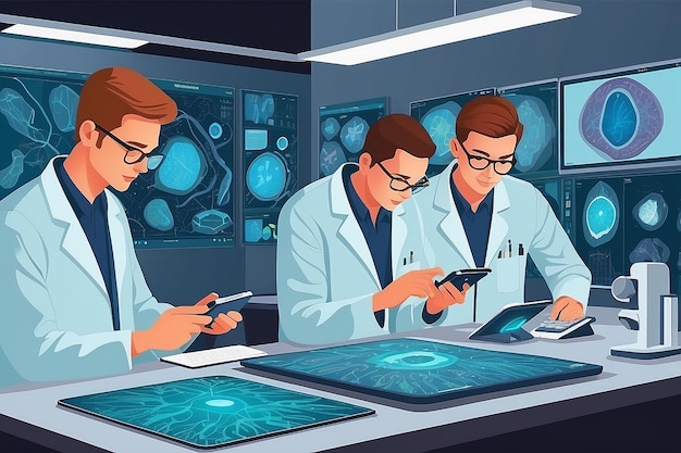 a vector graphic of students using advanced imaging techniques for detailed cellular studies vector illustration in flat style